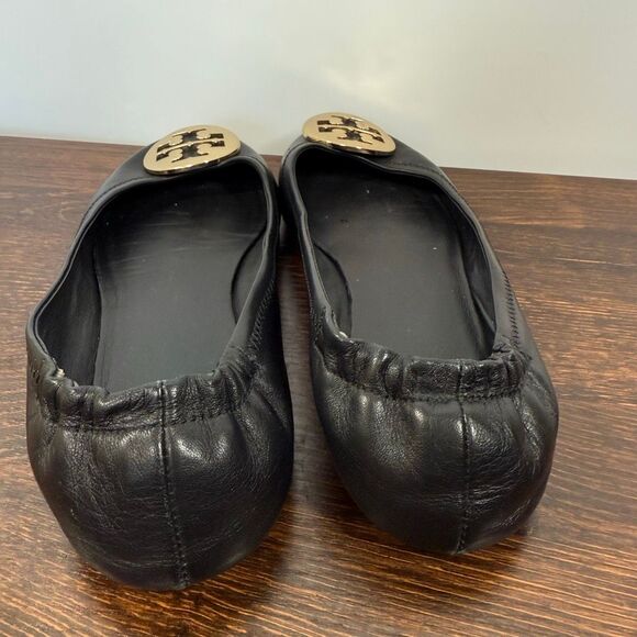 Tory Burch perfect black nappa leather Minnie Travel Ballet w/metal gold logo fl - Picture 4 of 12